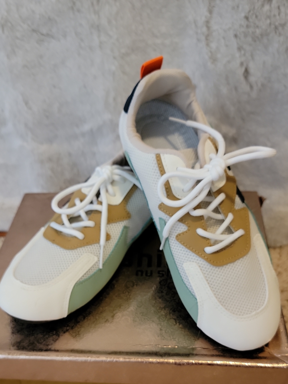 Women’s White Casual Athletic Sneakers with Tan and Mint Accents